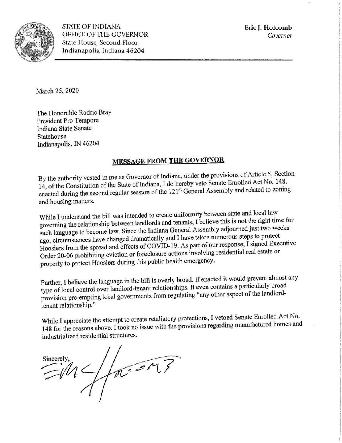 Gov. Holcomb veto message on Senate Enrolled Act 148 ...