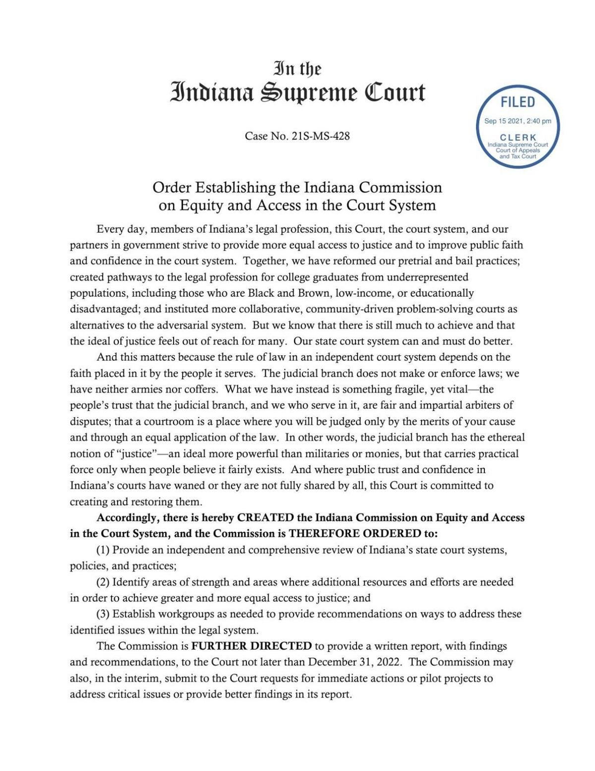 Order Establishing the Indiana Commission on Equity and Access in the Court System