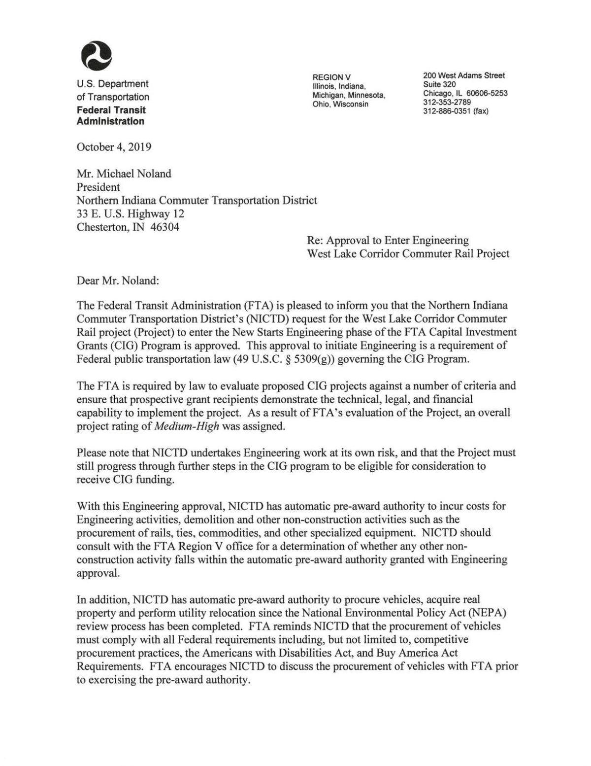 FTA letter approving West Lake engineering