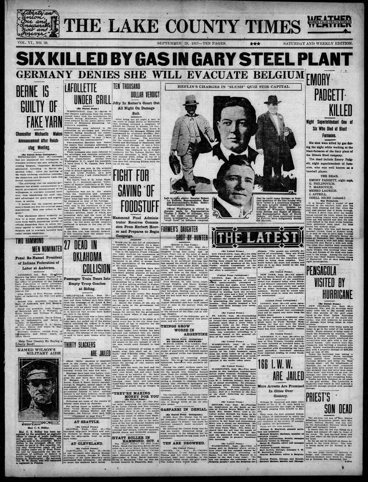 Sept. 29, 1917: Six Killed By Gas in Gary Steel Plant