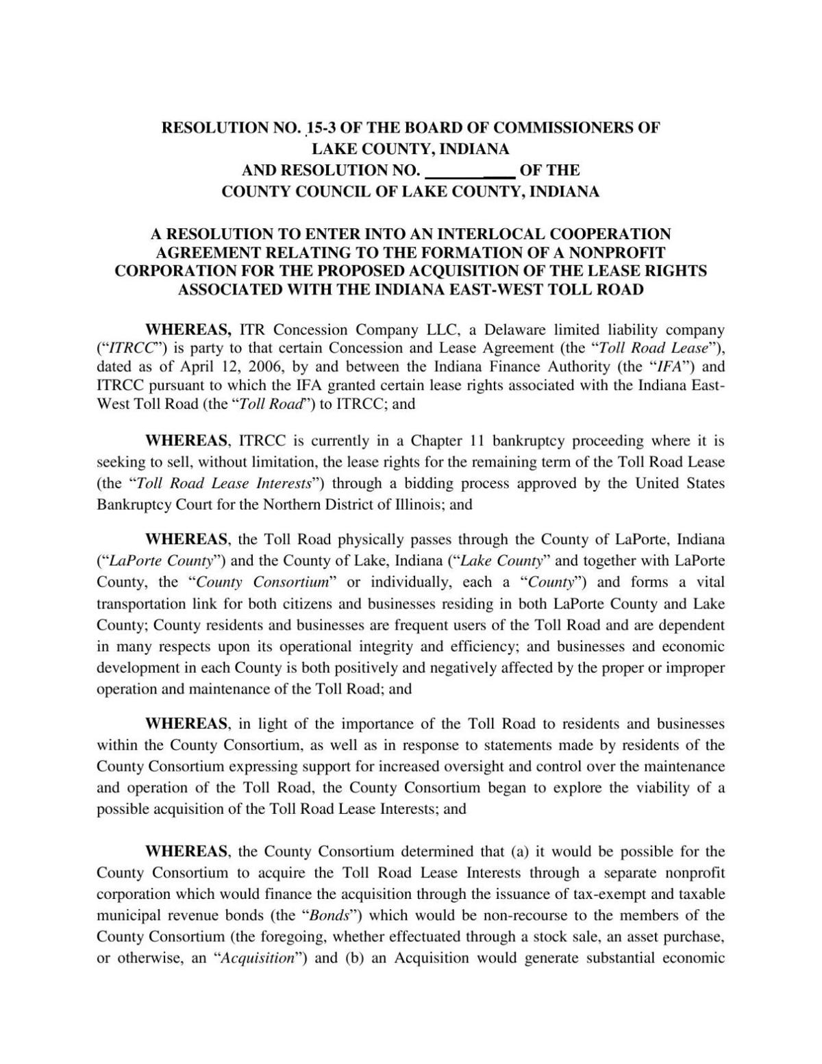 Proposed interlocal agreement for Indiana Toll Road | Documents