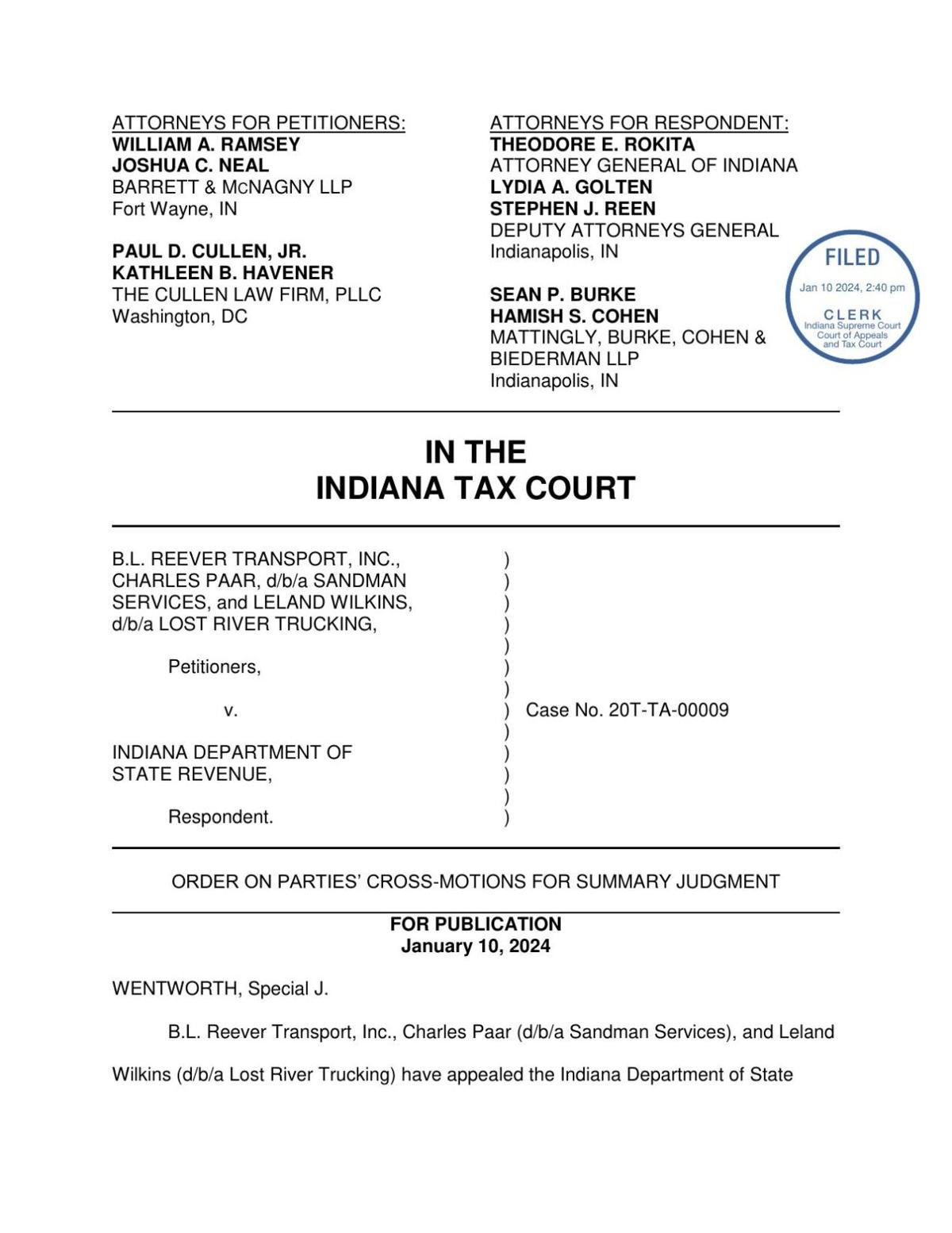 Reever Transport, et. al. v. Indiana Dept. of Revenue ruling of Indiana