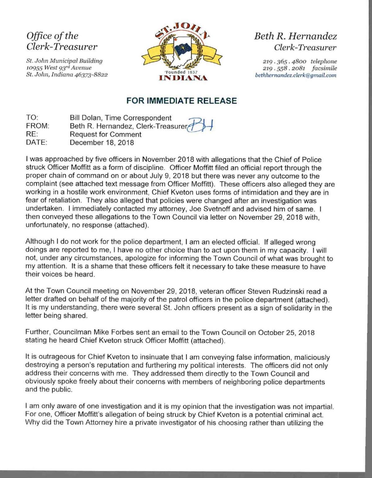 Letter from St John Clerk Treasurer Beth Hernandez