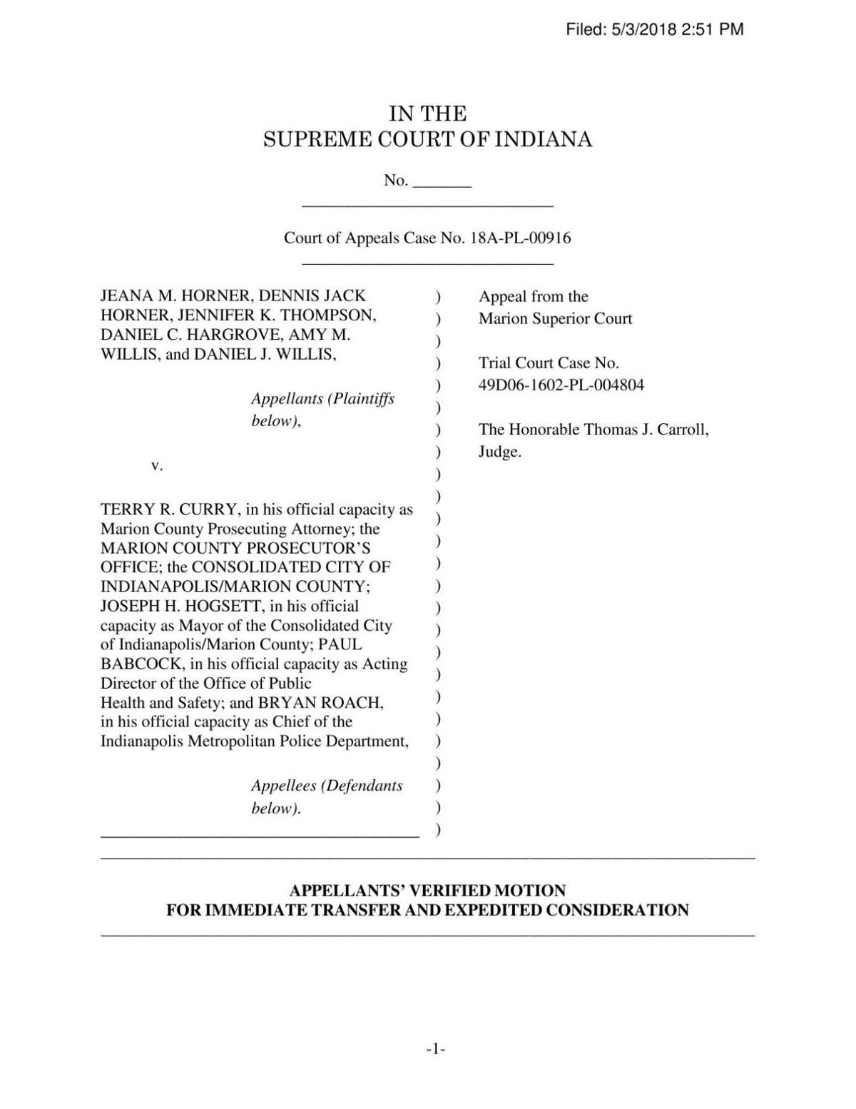 Motion for immediate transfer to Indiana Supreme Court in Horner v. Curry