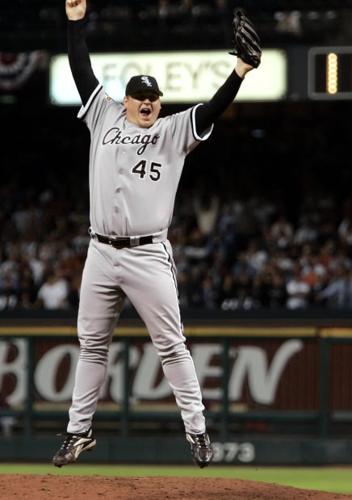 Chicago White Sox closer Bobby Jenks reacts after getting the