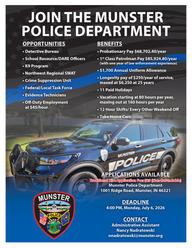 Munster Police Department Begins Hiring Process for New Police Officers