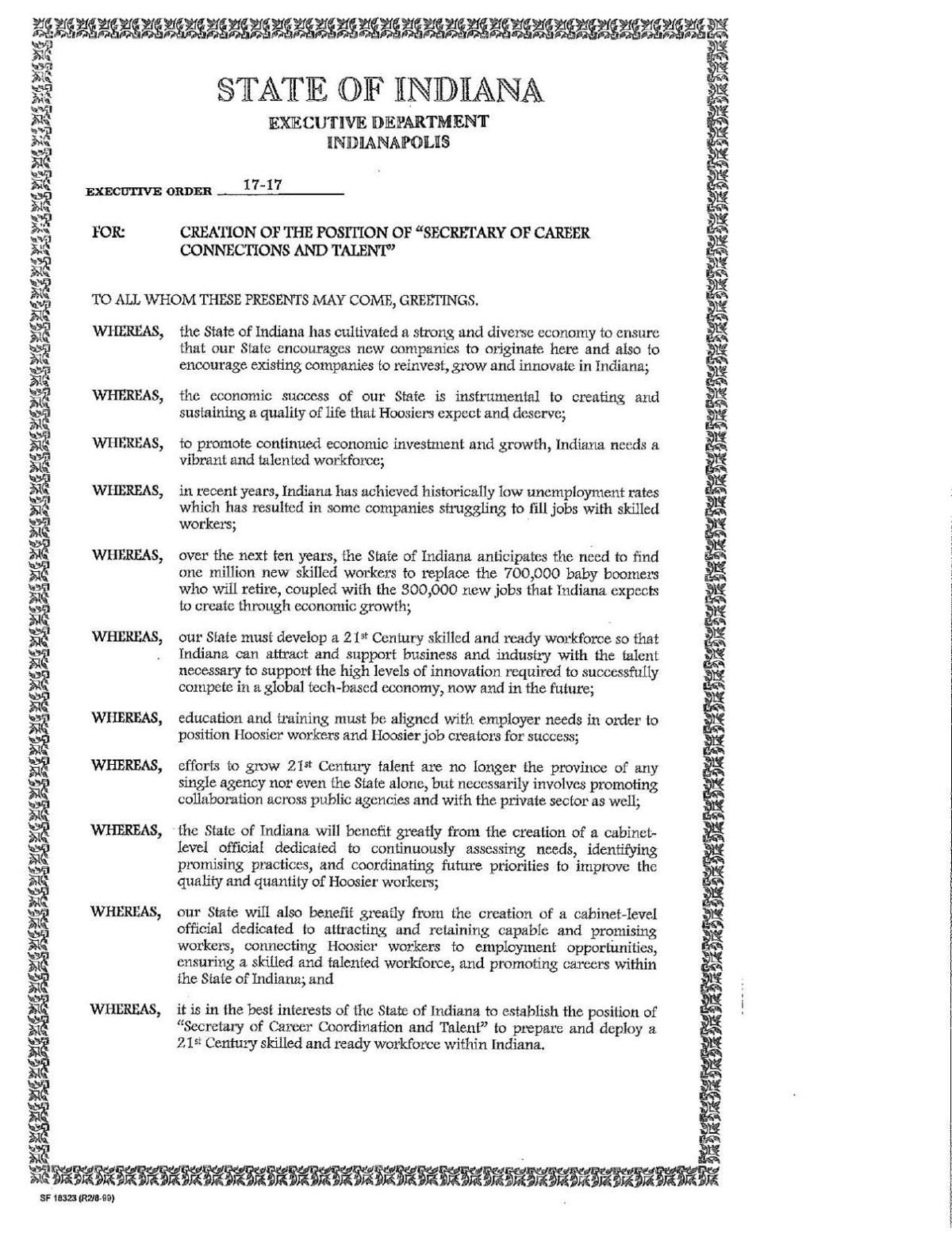 Executive Order establishing Indiana secretary of career connections