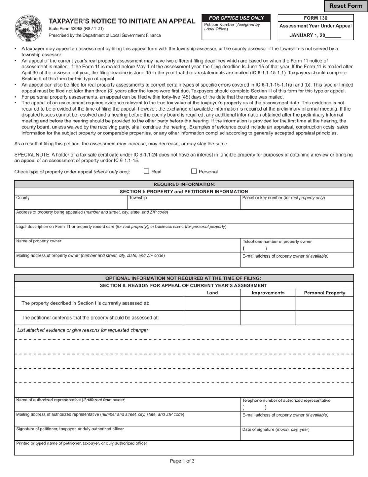 Form 130 property tax appeal