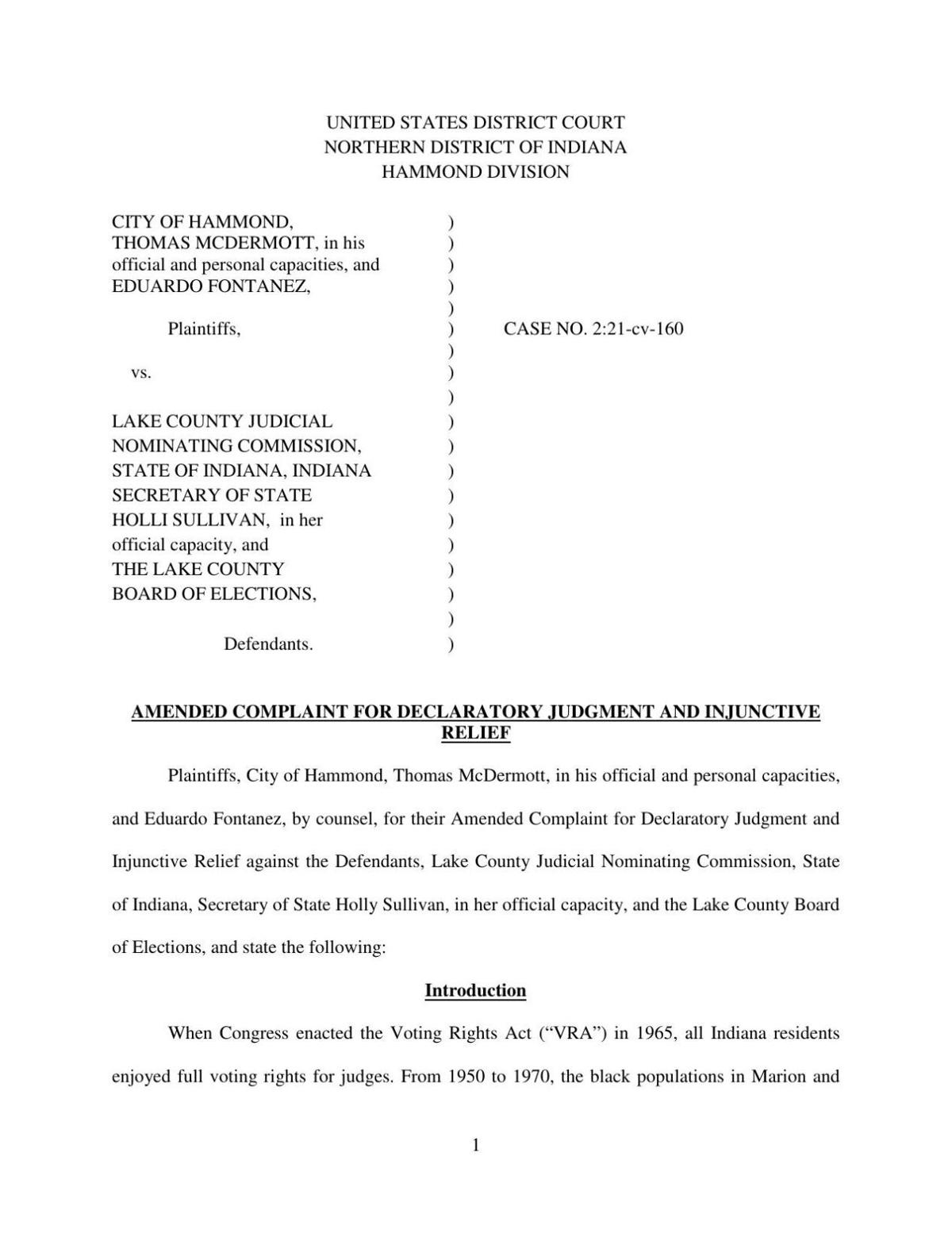 Amended complaint in Hammond v. Lake County Judicial Nominating Commission