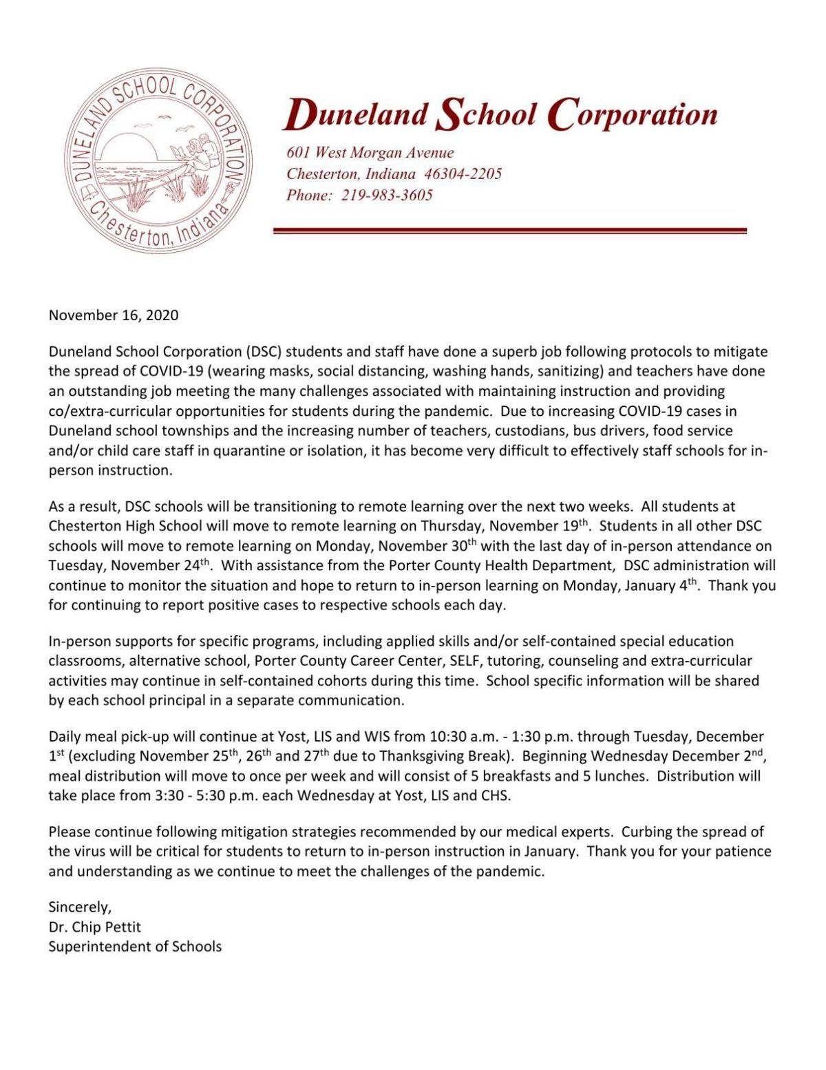 Duneland schools to go remote through early January