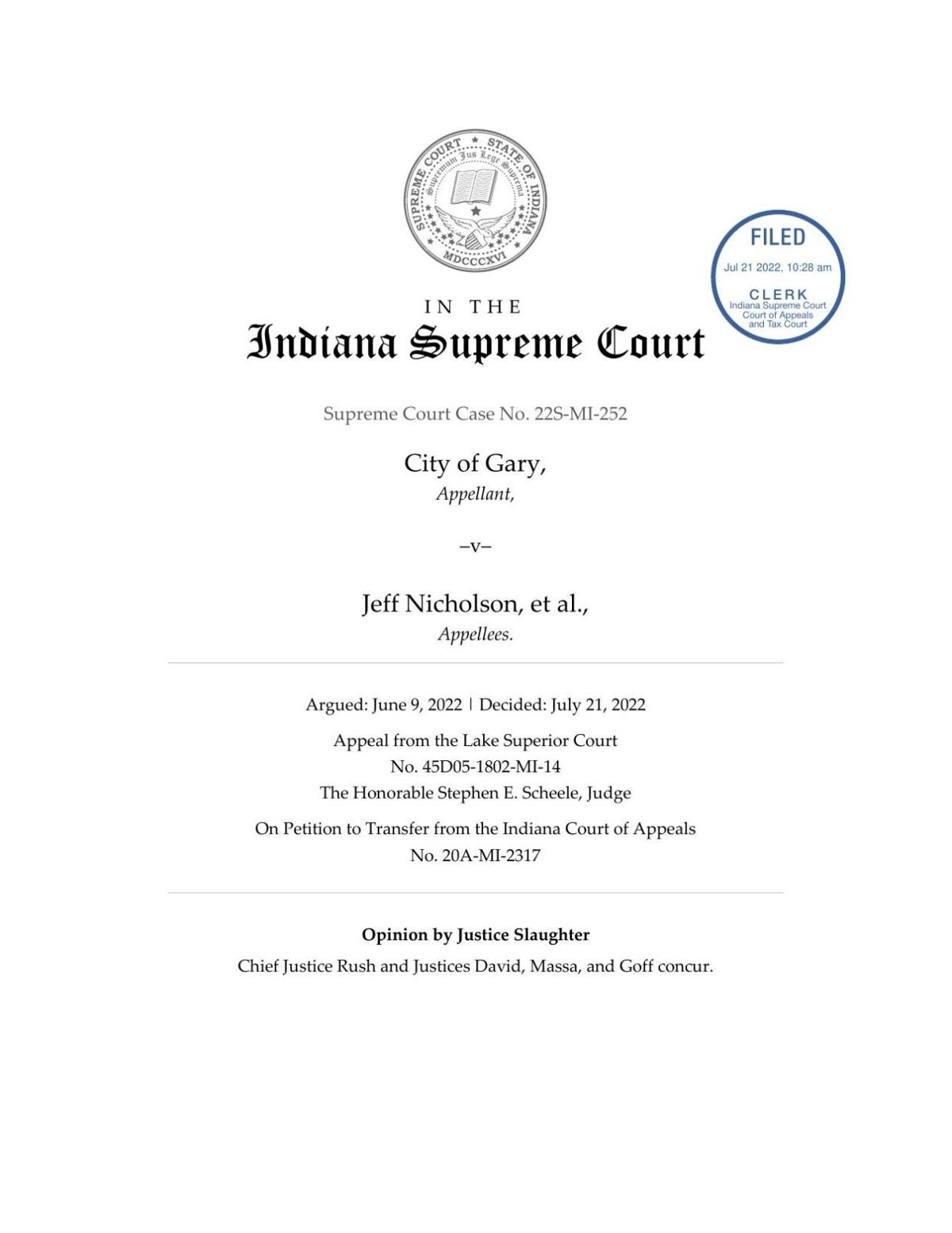 Gary v. Nicholson ruling of Indiana Supreme Court