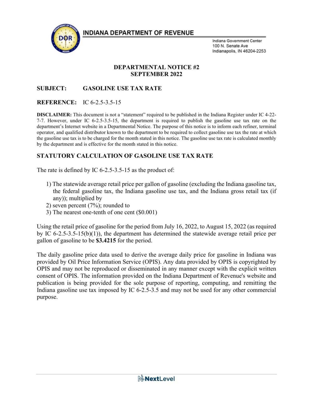 Notice of Indiana's applied gasoline sales tax rate for September 2022