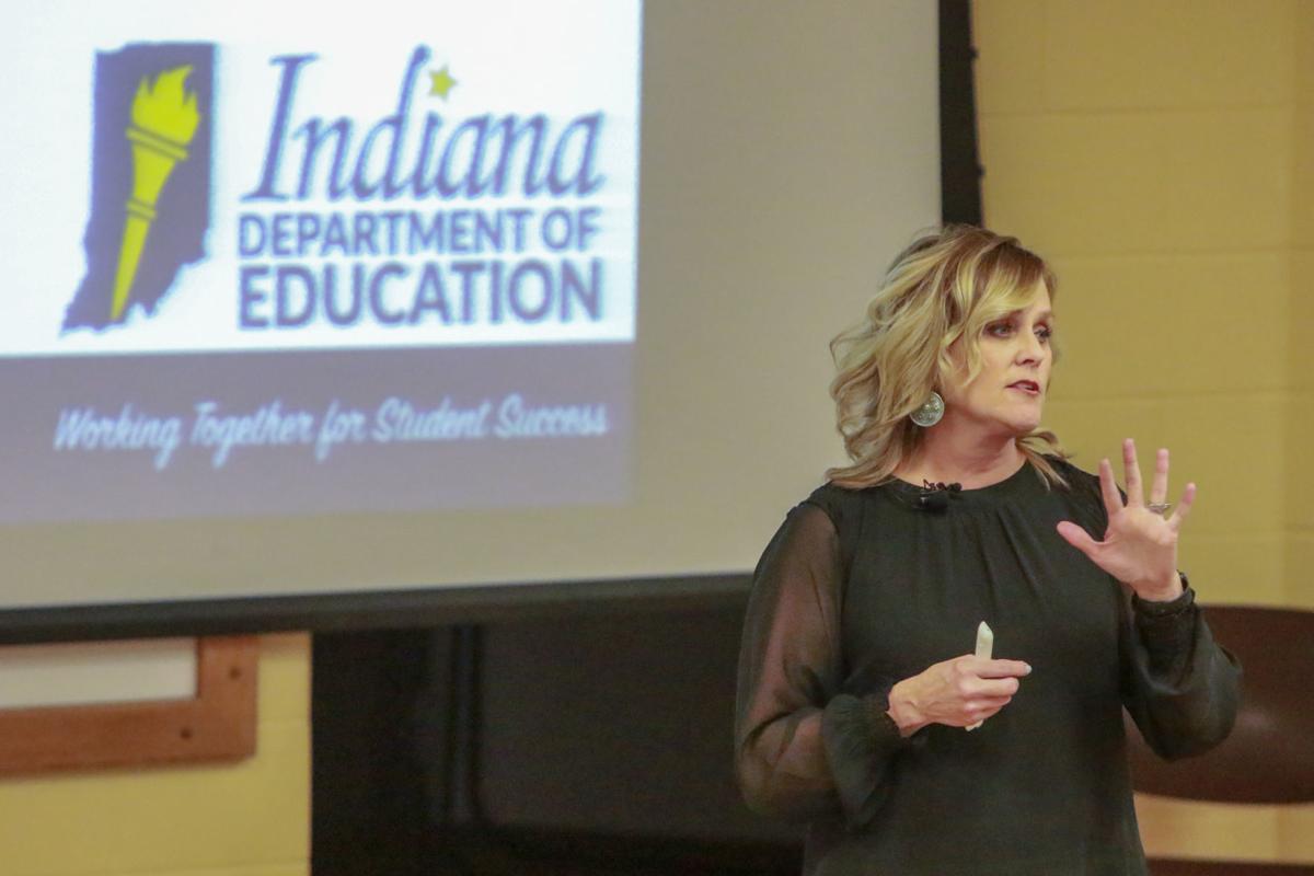 State Superintendent of Education Jennifer McCormick speaks at Merrillville High School