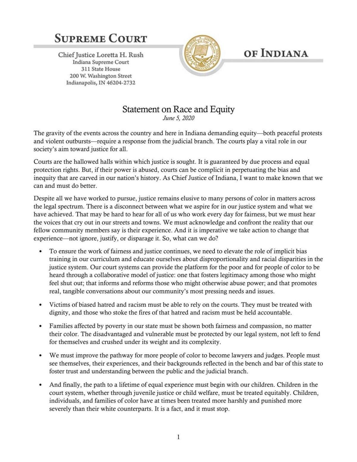 Indiana Chief Justice's Statement on Race and Equity