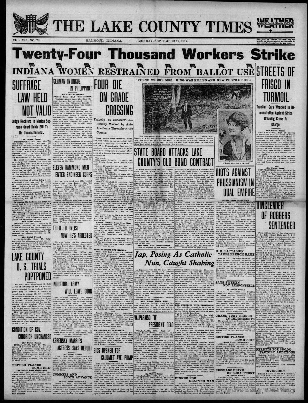 Sept. 17, 1917: Indiana Women Restrained From Ballot Use