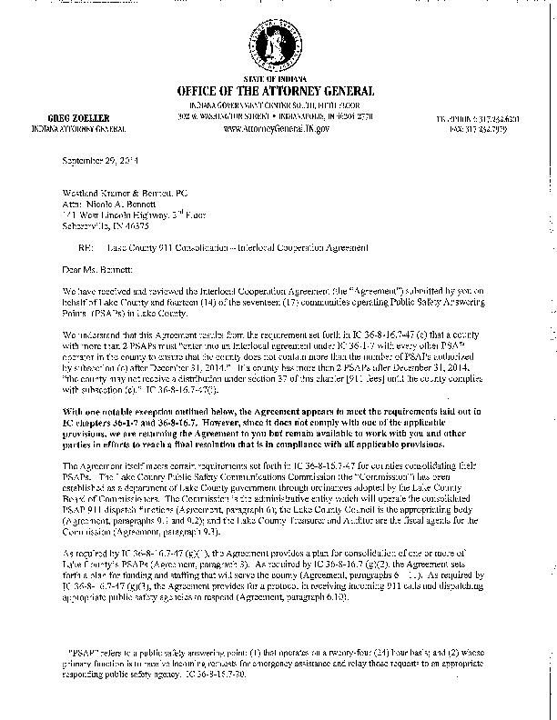 Letter from Indiana attorney general's office on E-911 merger