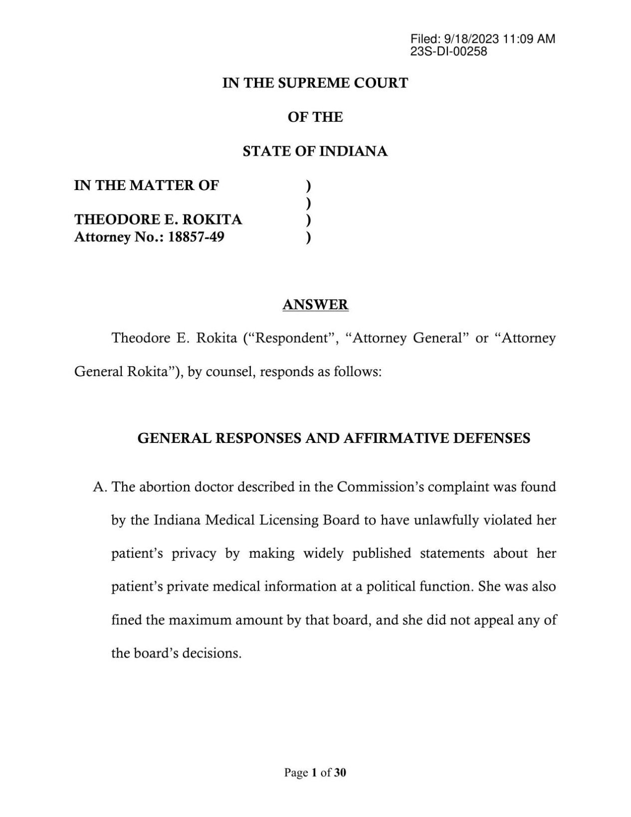 Attorney General Todd Rokita Response To Disciplinary Complaint