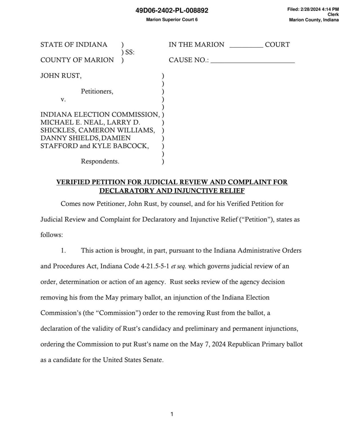 Rust v. Indiana Election Commission complaint