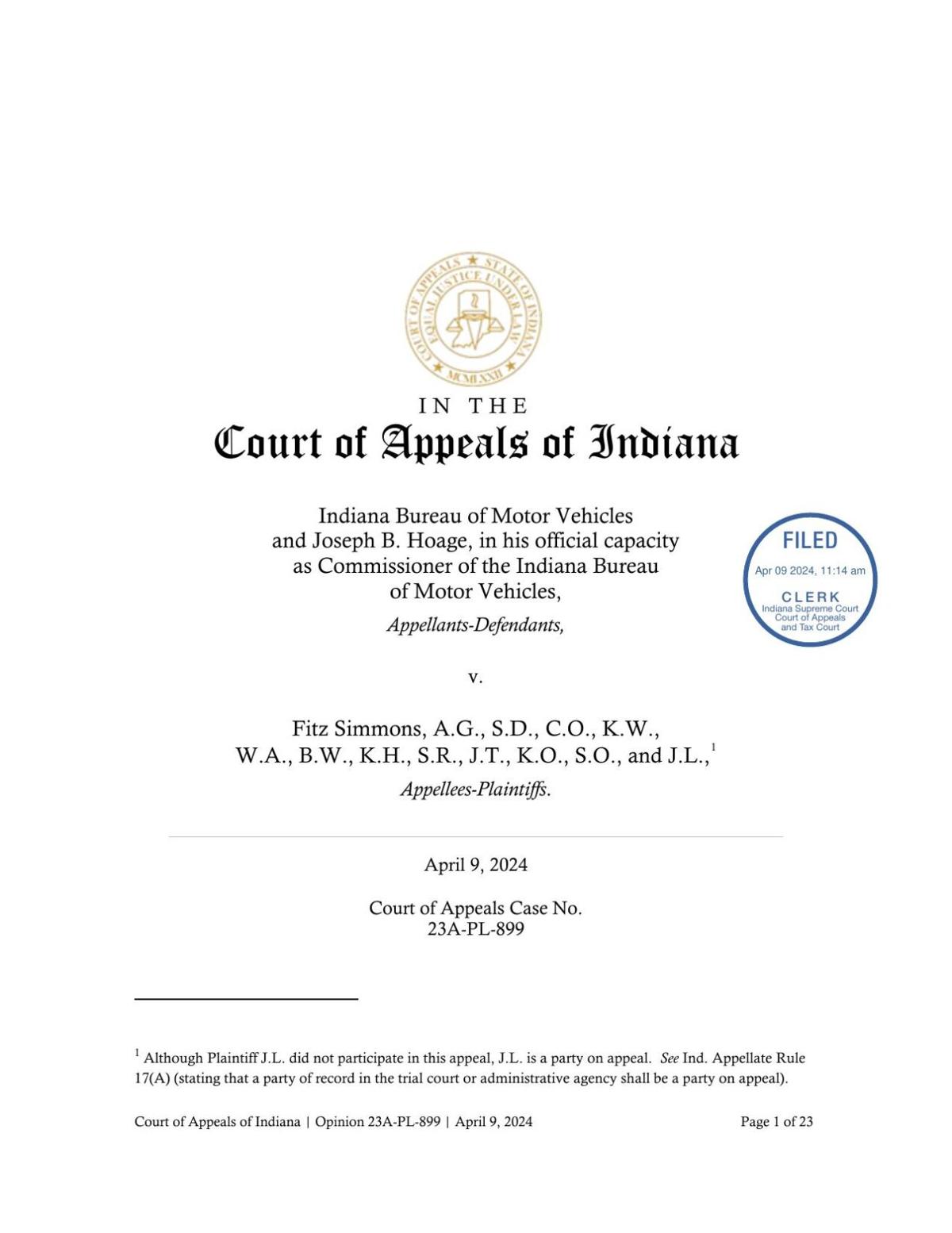 Indiana Court of Appeals ruling on "X" gender driver's licenses