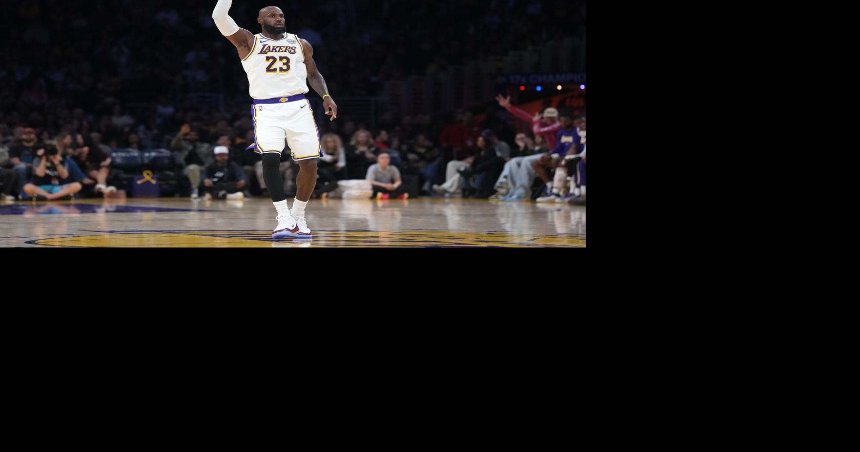 Forward LeBron James (23) gestures during a Los Angeles Lakers game against the Utah Jazz on April 12, 2026.