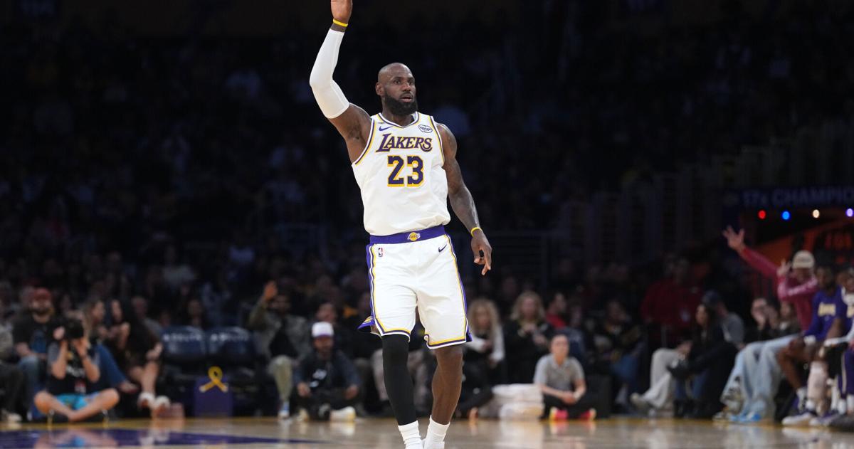 Forward LeBron James (23) gestures during a Los Angeles Lakers game against the Utah Jazz on April 12, 2026.