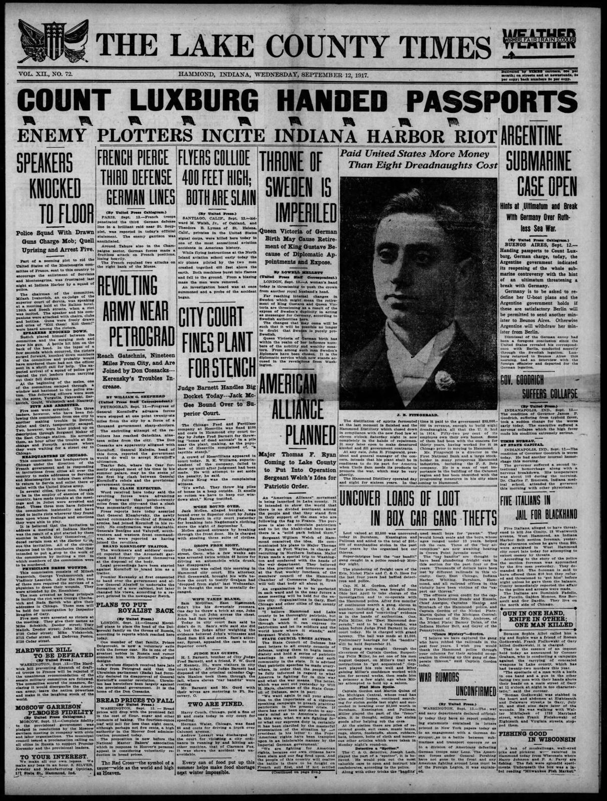 Sept. 12, 1917: Enemy Plotters Incite Indiana Harbor Riot