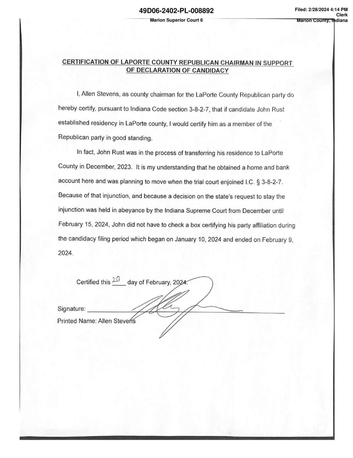 Affidavit of Allen Stevens re: John Rust