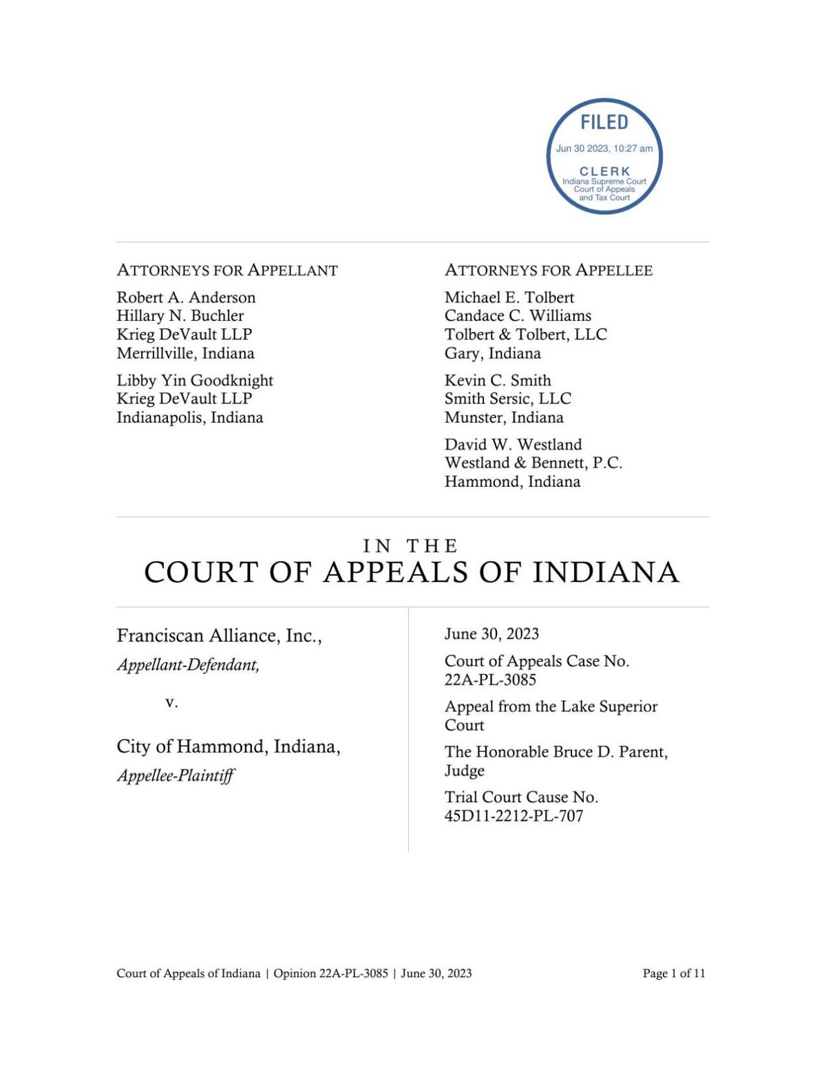 Franciscan Alliance v. Hammond ruling of Indiana Court of Appeals