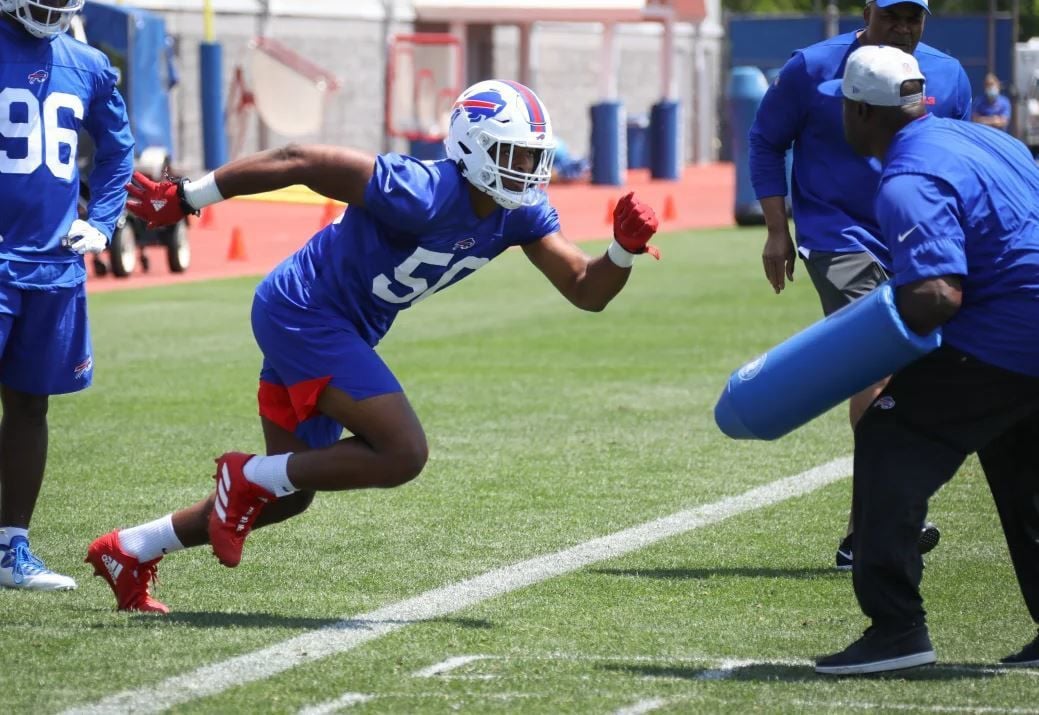 Buffalo Bills defensive end Greg Rousseau (50) rushes against the