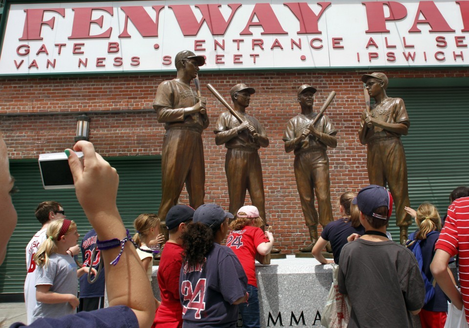 Teammates statue outside Gate B at Fenway Park on Van Ness Street