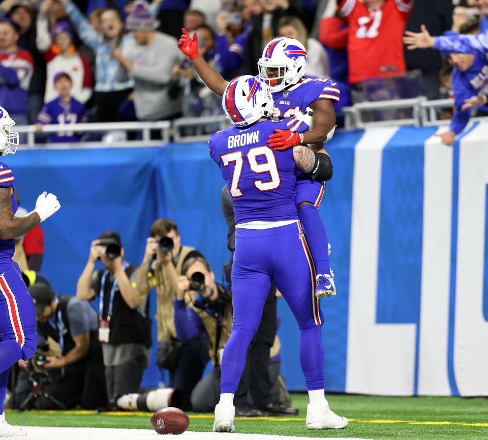 Buffalo Bills offensive tackle Spencer Brown (79) walks off the field after  an NFL football game