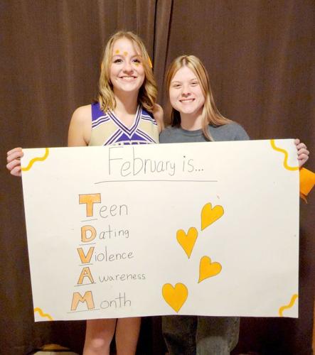 Sully Buttes students Adrian Gruis and Trinity Kenzy shared their awareness advocacy message during the basketball doubleheader on Friday.