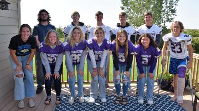 SELECTED TO THE SULLY BUTTES HOMECOMING COURT were: Back – Shane Duffel, Escort and Emperor candidates Tyler Marshall, Landon Hepker, Thomas Farries, Reese Voorhees and Marshall Wittler. Front – Saige Heath, Escort and Empress candidates  Caitlin Birney...