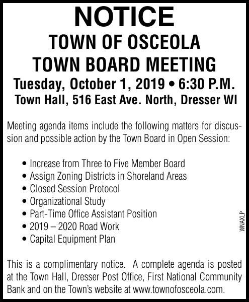 Town Board Meeting Public Notices, First National Community Bank Dresser Wi