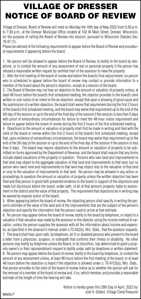 VILLAGE OF DRESSER NOTICE OF BOARD OF REVIEW