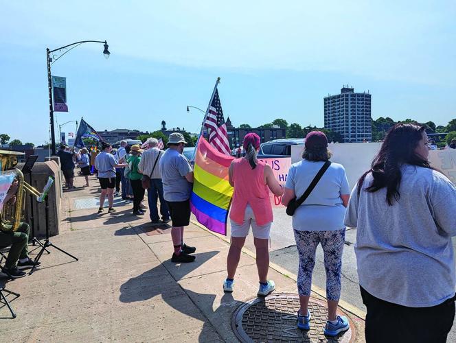 Pride rally on the Bridge Street bridge