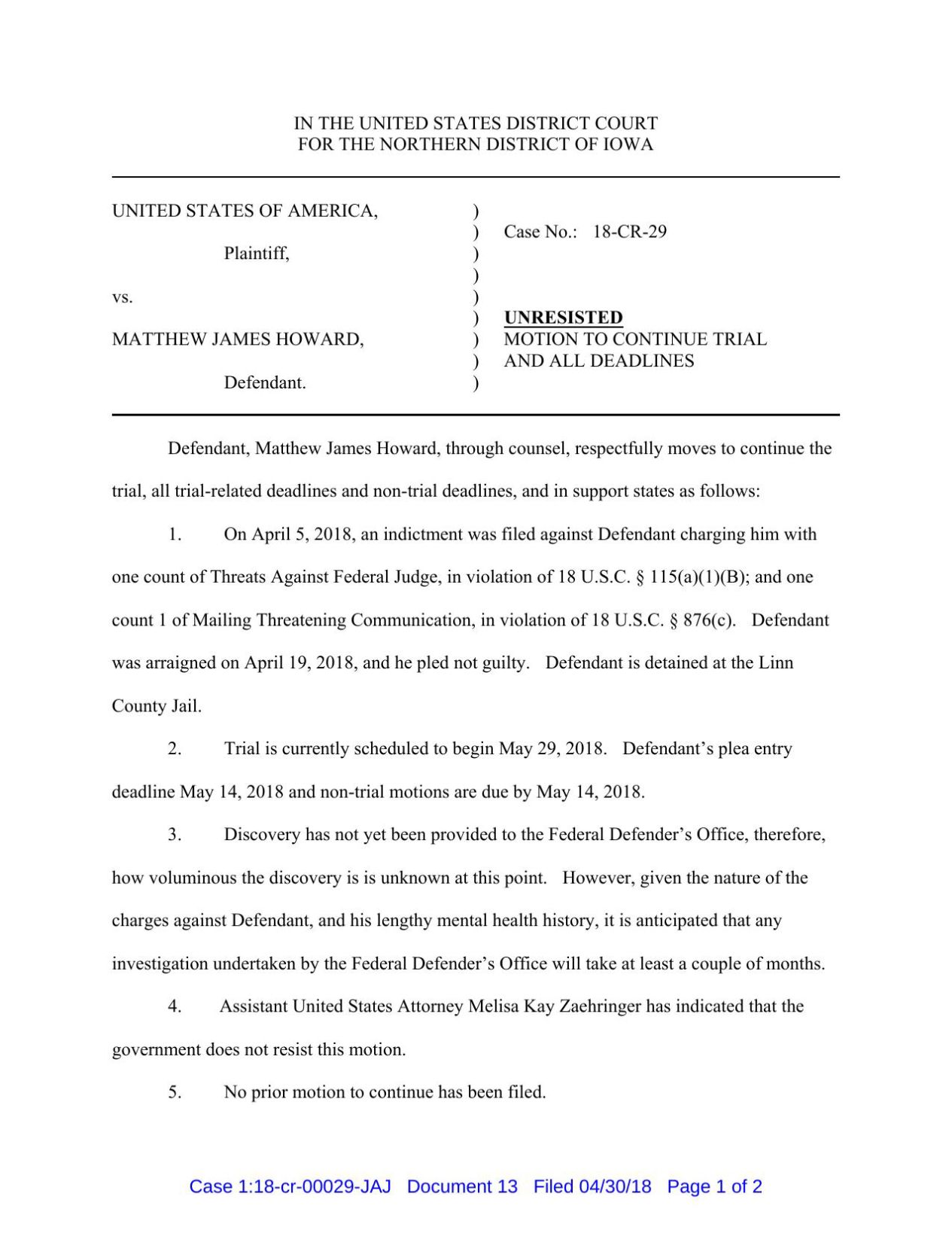 Howard motion for continuance