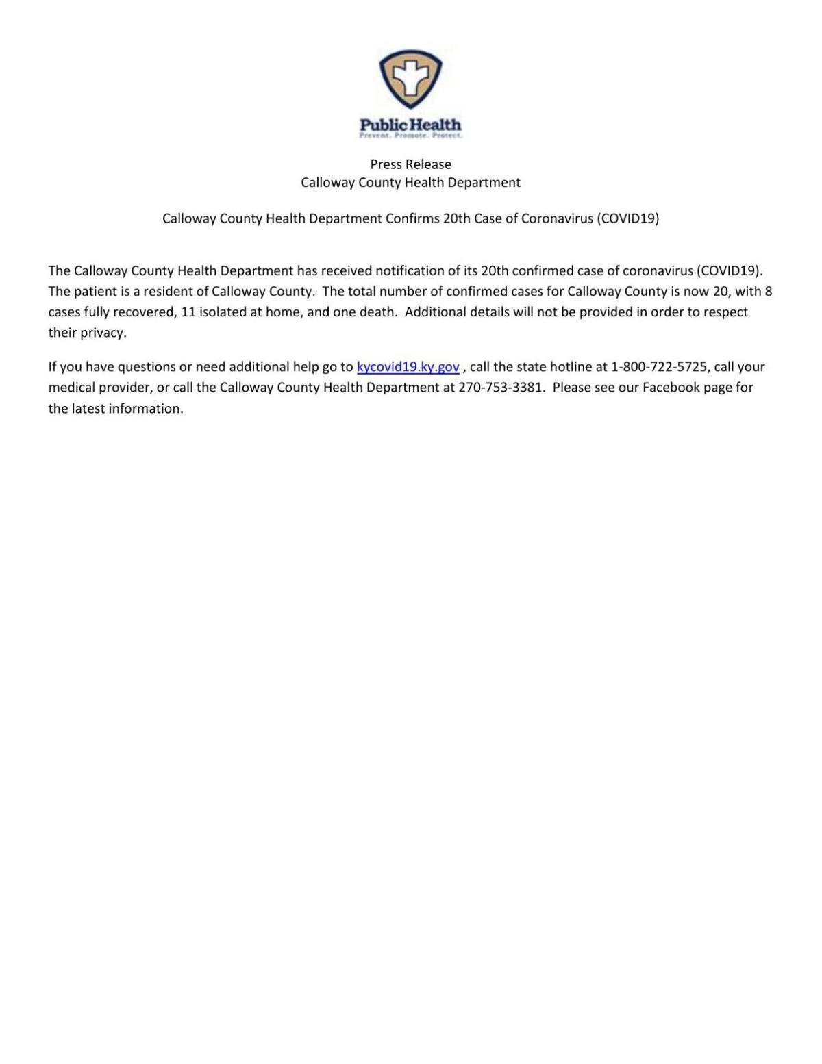 20th Covid 19 Case Confirmed In Calloway County Coronavirus News Paducahsun Com