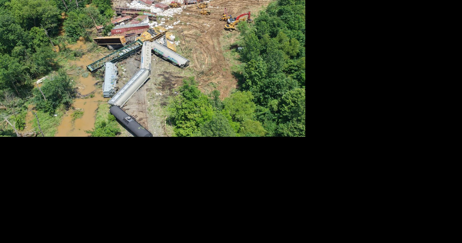 Nearly 30 railcars that derailed Sunday evening