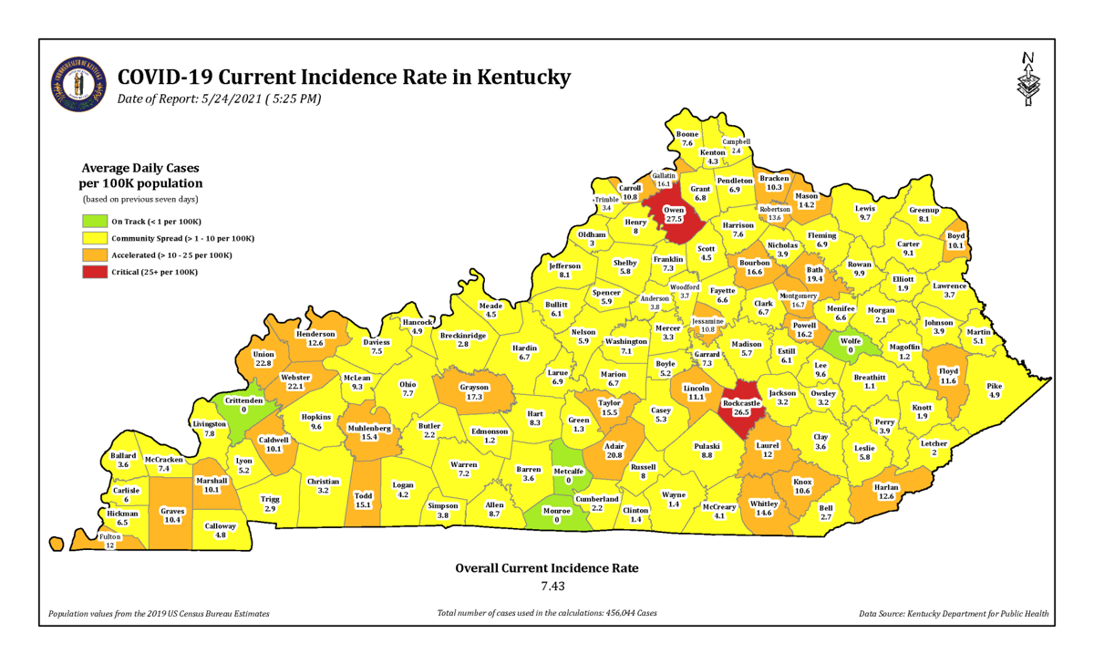 KY COVID19 incidence rate map 5/24/21 Coronavirus News