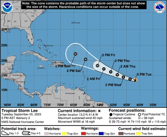 Hurricane Lee Charges over Atlantic Waters as a Category 5 Storm,  Approaching the Caribbean