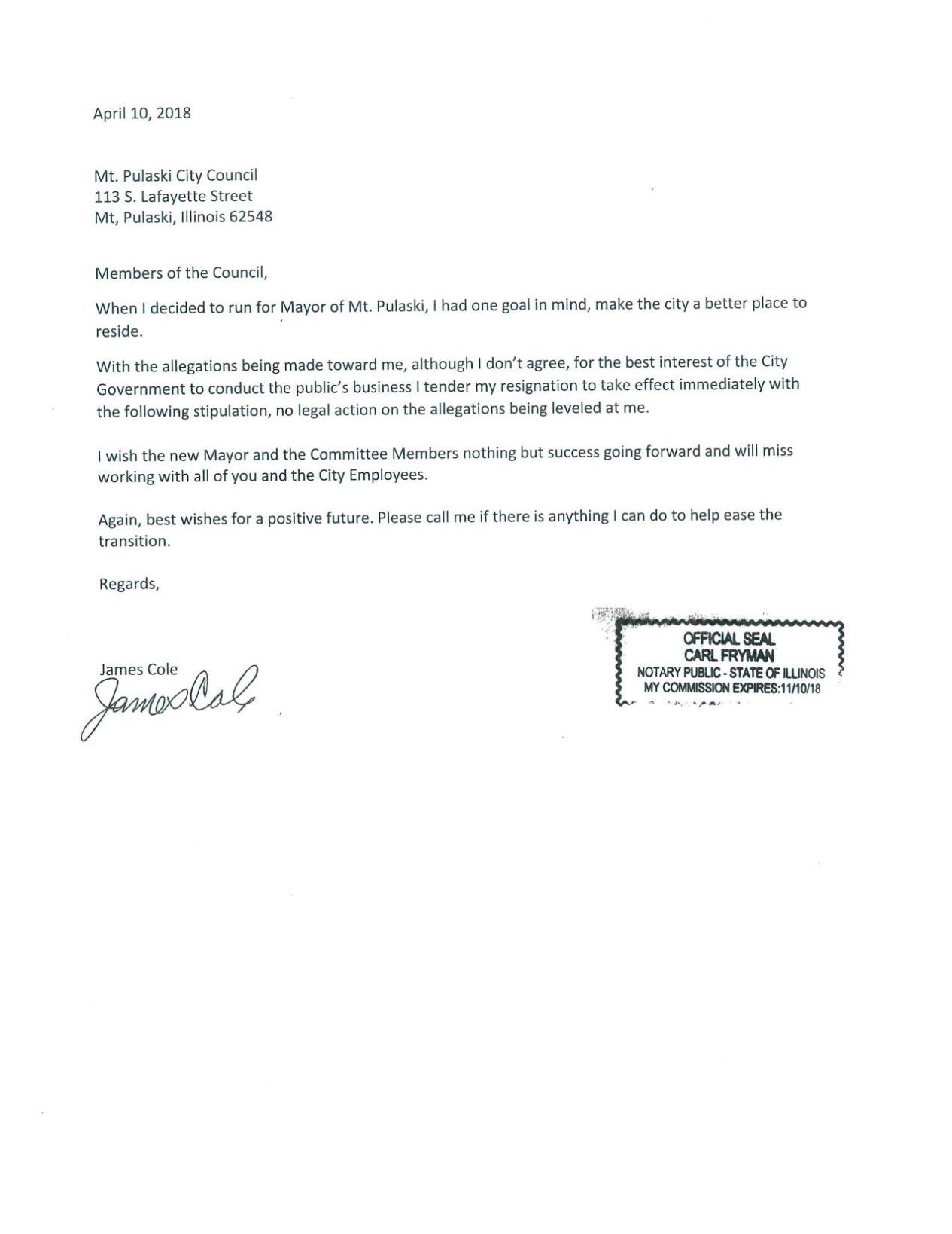 Cole resignation letter