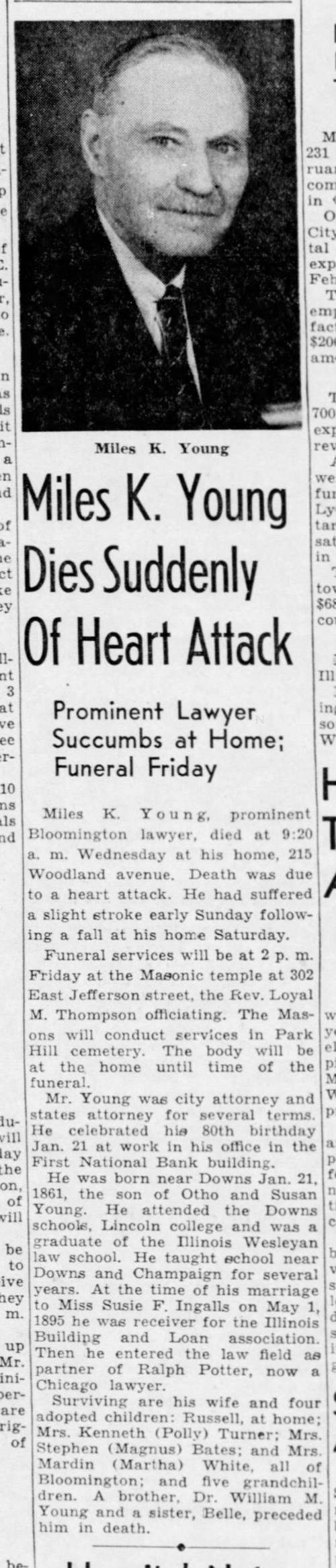 The Pantagraph (Bloomington, IL) 05 Feb 1941 Wed Miles K Young obituary