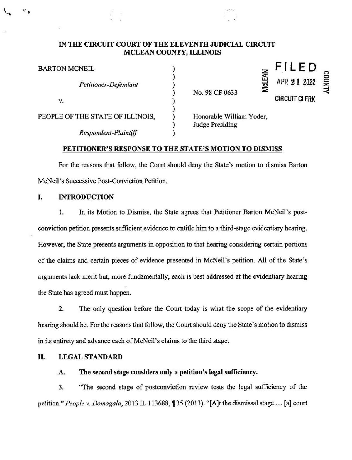 Petitioner's Response to State's Motion to Dismiss