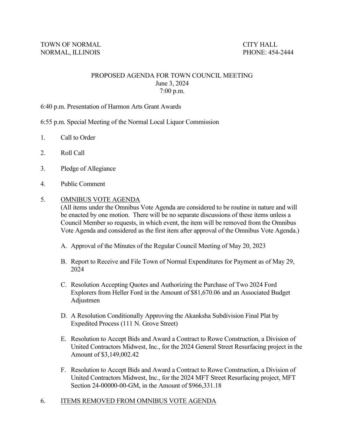 Normal Town Council June 3 Agenda