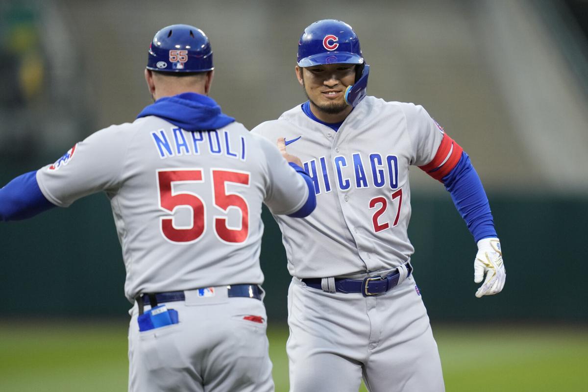 Chicago Cubs first base coach Mike Napoli (55) during the MLB game