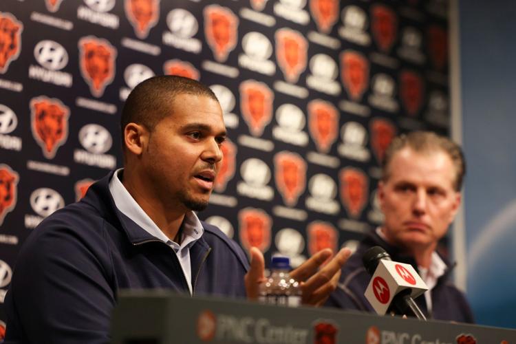 Bears GM Ryan Poles and coach Matt Eberflus answer questions during a news conference at Halas Hall on Jan. 10, 2024.