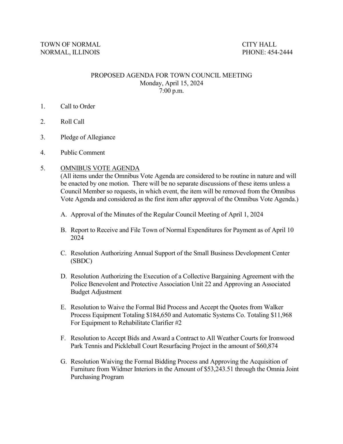 Normal Town Council Agenda April 15, 2024