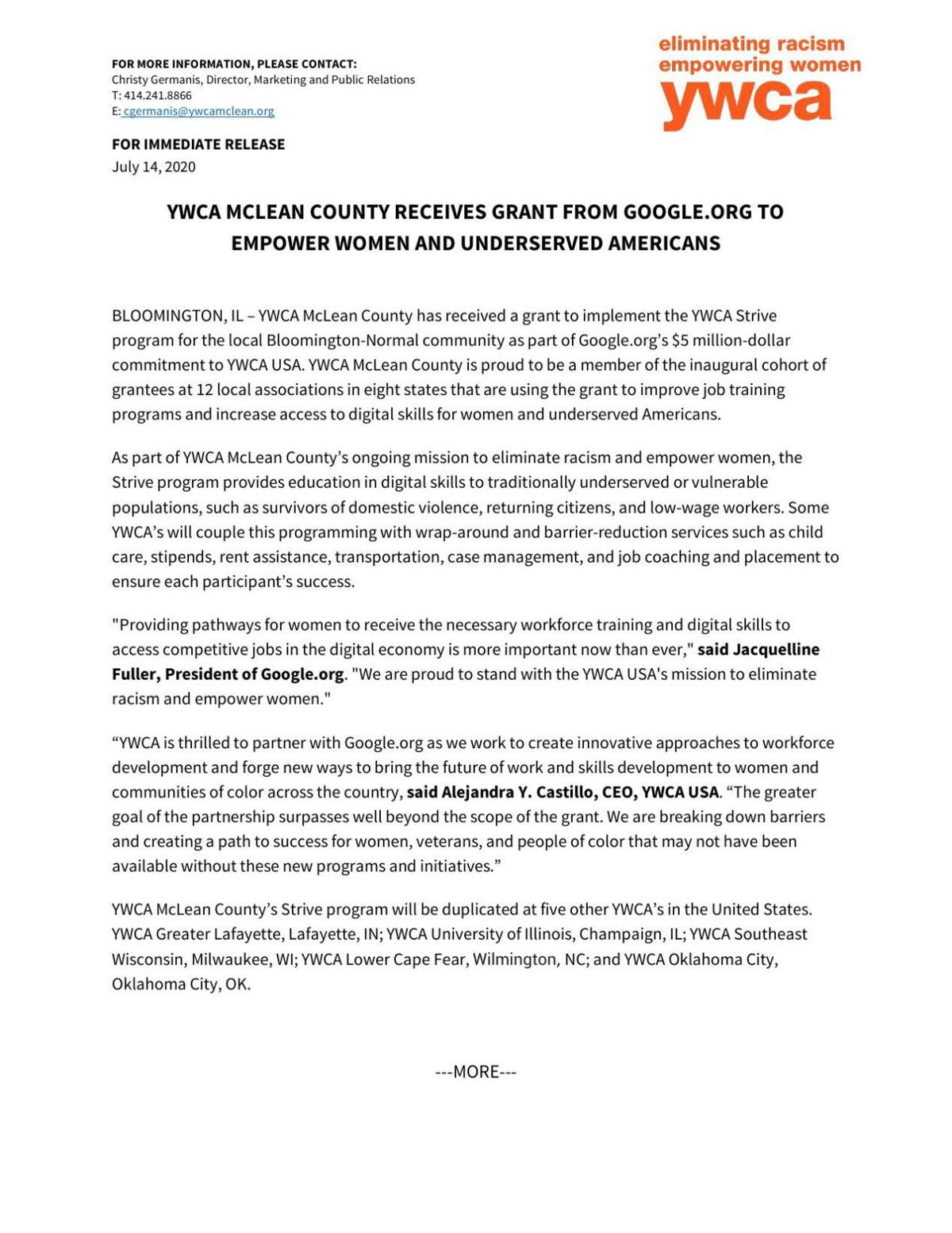 Ywca Mclean County Awarded Grant From Google Org Local News Pantagraph Com