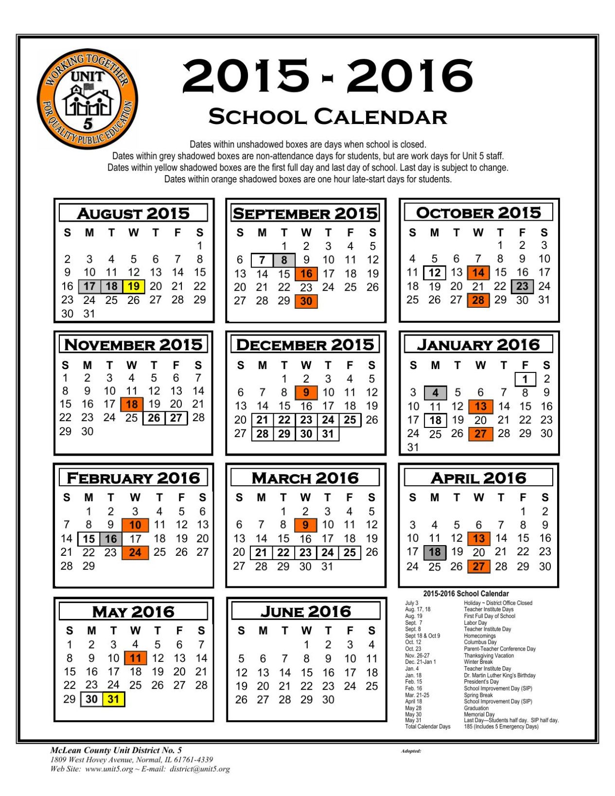 Proposed 2015-16 McLean County Unit 5 Academic Calendar